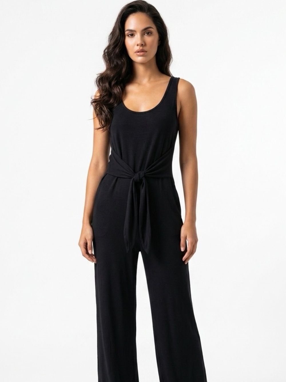 LUSH | NEW Black Tie Front Tapered Leg Jumpsuit Keyhole Back Women’s Size Large